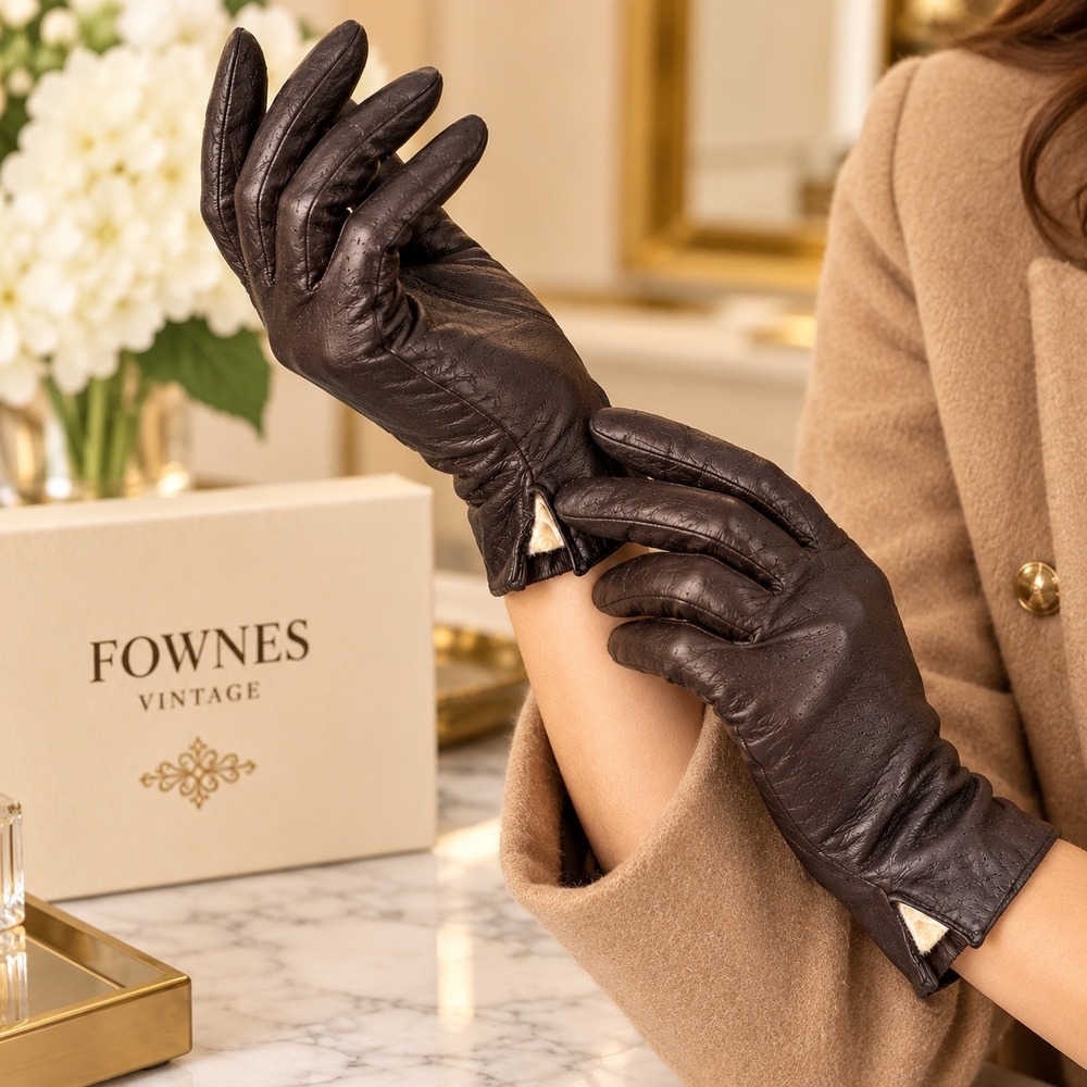 Fownes Leather Fur Lined Gloves Size 7.5 Vintage Dark Chocolate Brown